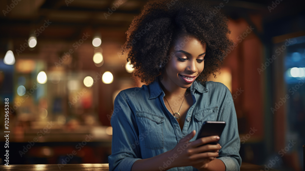 Sticker cheerful woman wearing a blue denim shirt, looking at her smartphone with a bright smile on her face