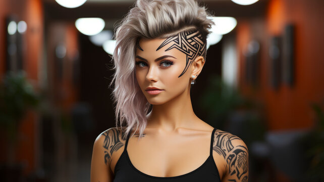 Stylish Undercut Hair Designs on a Beautiful White Girl with Elegant Tattoos - Trendy Hairstyle Studio Photography - AI Generated