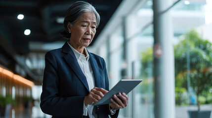 Fototapeta premium Woman smiling and holding a tablet, standing in an office environment