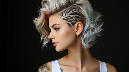 Stylish Undercut Hair Designs on a Beautiful White Girl with Elegant Tattoos - Trendy Hairstyle Studio Photography - AI Generated