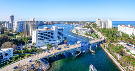 panoramic drone view of Lake Boca Raton, Florida with city