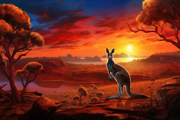 Rolgordijnen Kangaroo at sunset in the Australian bush. 3D rendering, kangaroo sunset australia, AI Generated © Ifti Digital