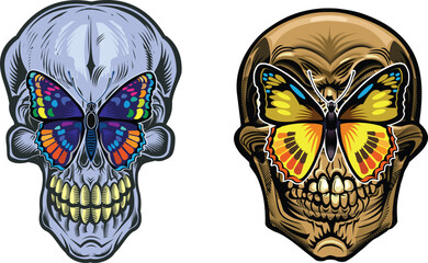 Skeleton and butterfly in blue and yellow colors