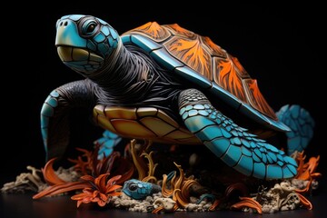 turtle on a black background in the form of a clay figure, Leatherback sea turtle, AI Generated