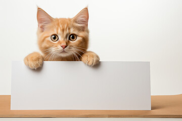 A cute cat holds an empty piece of paper in its paws, an ad, a white background