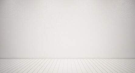 3d Rendering of interior. Blank grunge light gray wall and white wooden floor. Retro design. Textured background.