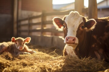 Calf and cow on the farm. Animal husbandry. Cattle breeding, Newborn calf and mother cow lying down inside cattle farm, AI Generated