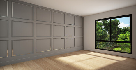 3D rendering of the interior, The wall paneling is decorated with silver stainless steel trim. Light wood floor and sunlight shines through the window into the room. Empty room without furniture.