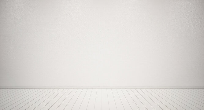 3d Rendering of interior. Blank grunge light gray wall and white wooden floor. Retro design. Textured background.