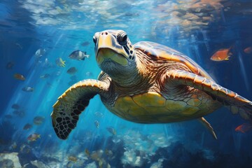 Obraz premium Green Sea Turtle swimming in the deep blue water of the ocean, Portrait of a happy sea turtle swimming underwater, AI Generated