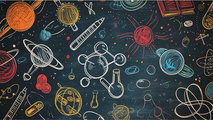 Blackboard inscribed with scientific, physics and chemistry images.