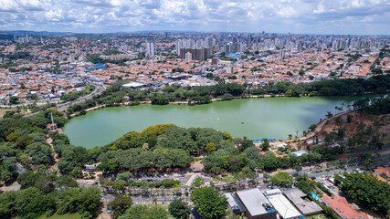 Aerial view of Taquaral park in Campinas, São Paulo. In the background, the neighborhood of Cambui.