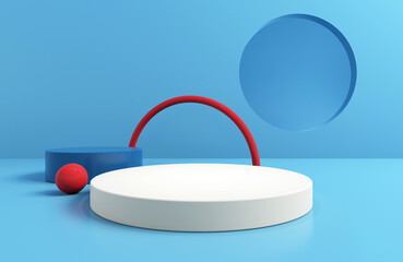 3d shape for products display presentation. White and blue color round podium. Abstract minimal scene with geometric forms. Circle window backdrop. Mock up, podium, stage pedestal, promotion display.