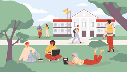 Students and people in summer park, vector illustration in flat style.