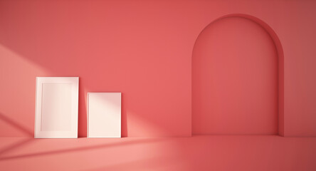 3d rendering of interior. Pink arch wall background and blank picture frames placed on the floor and sunlight shining in the room. Simple and trendy design.