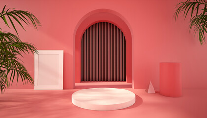 3D rendering of white round podium in pink background with props. Abstract minimal scene for products showcase. Geometric forms. Product presentation, mockup, stage pedestal, promotion display, curtai