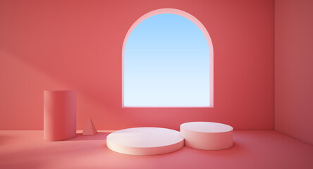 White round podiums and pink background with props. Window arch blue sky and sunlight shining in the room. Simple and trendy design. 3D rendering.