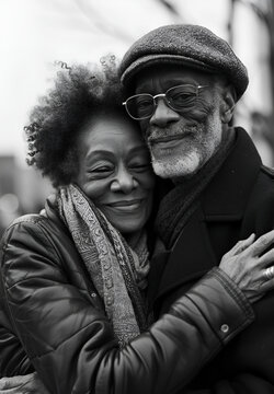 Elderly African couple hugs with love and romance. Family of pensioners. Husband and wife. Old lovers. Valentines Day. Gray haired man and woman. Photorealistic black and white image.