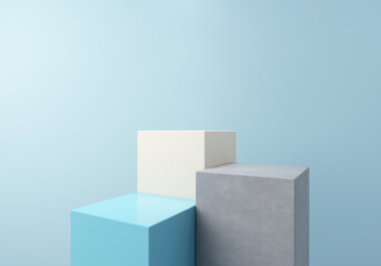 3D rendering of white, blue and concrete pedestal stand for display. Abstract minimal scene for products showcase. Empty podium, Product presentation, Mock up, Podium, Show cosmetic product.