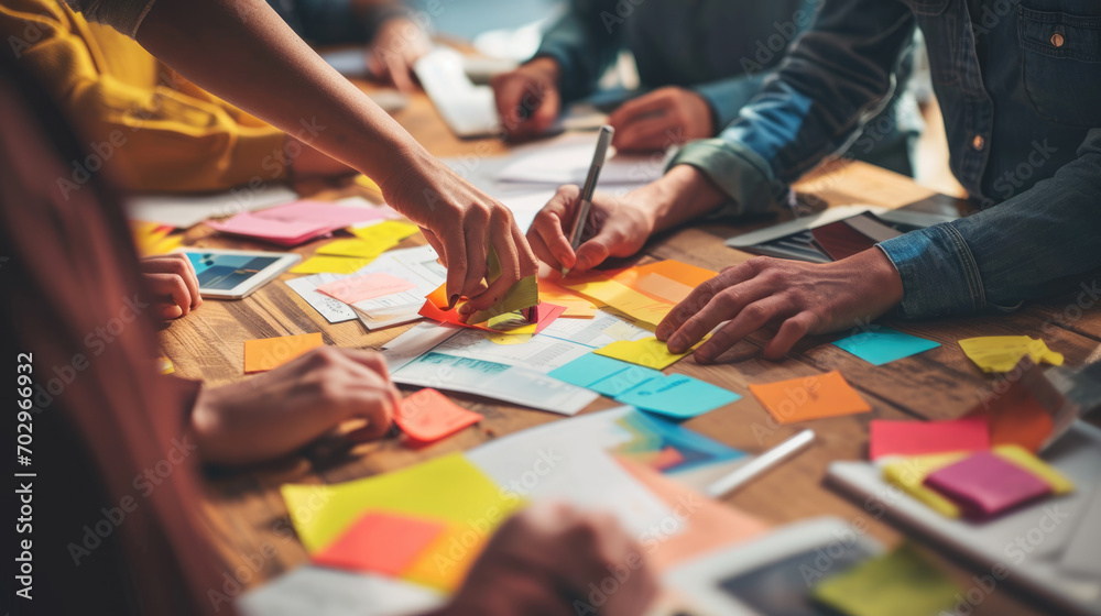 Wall mural ?lose-up view of several hands collaboratively working on a project with colorful sticky notes, pape