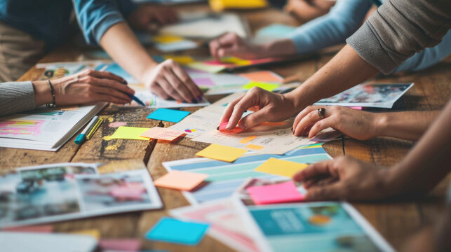?lose-up view of several hands collaboratively working on a project with colorful sticky notes, papers, and digital devices on a wooden table.