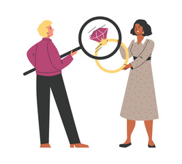 Estimating the value of jewelry in pawnshop flat vector illustration isolated.