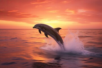 Mesmerizing Sunset Dance: Dolphins elegantly silhouetted by warm evening light on the horizon