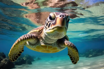 Fototapeta premium Hawaiian Green Sea Turtle Chelonia mydas, Portrait of a happy sea turtle swimming underwater, AI Generated