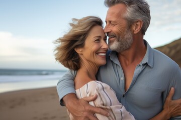 Portrait of happy senior couple embracing each other on beach during sunny day, Joyful middle aged couple, a man and woman, sharing a loving hug on a beach, AI Generated
