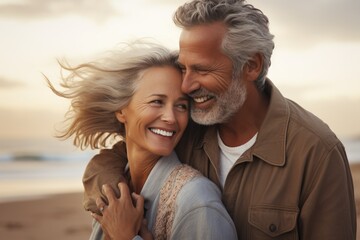 Portrait of a happy mature couple embracing on the beach at sunset, Joyful middle aged couple, a man and woman, sharing a loving hug on a beach, AI Generated - Powered by Adobe