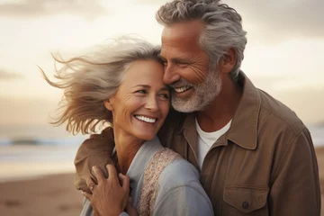 Zelfklevend Fotobehang Portrait of a happy mature couple embracing on the beach at sunset, Joyful middle aged couple, a man and woman, sharing a loving hug on a beach, AI Generated © Ifti Digital
