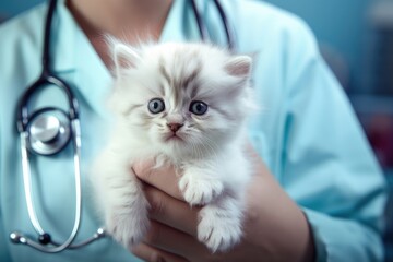 Veterinarian with cute kitten on blue background, close-up, Little fluffy kitten in hands of veterinarian doctor in medical white coat with a stethoscope, AI Generated