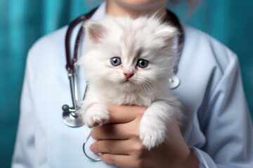 Cute little kitten in hands of veterinarian, closeup. Animal care concept, Little fluffy kitten in hands of veterinarian doctor in medical white coat with a stethoscope, AI Generated