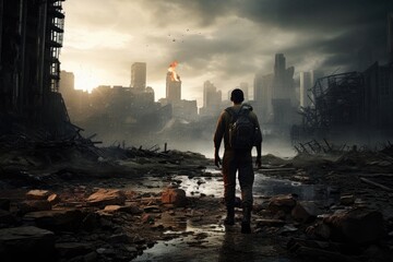 Man with a gun in the middle of a destroyed city at sunset, Lone soldier walking in a destroyed city, AI Generated