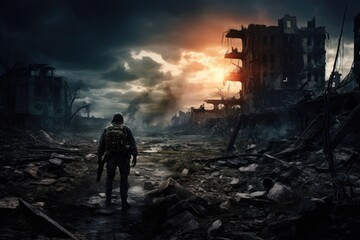Silhouette of a special forces soldier standing in the middle of a destroyed city, Lone soldier walking in a destroyed city, AI Generated - obrazy, fototapety, plakaty