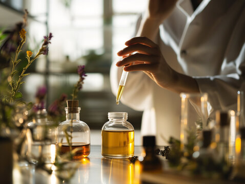Perfumer creating a fragrance in a lab.