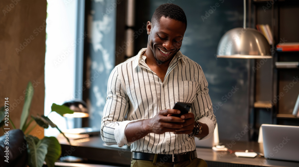 Canvas Prints smiling man using a smartphone, texting or browsing, in a well-lit office space