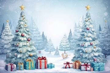 Christmas background with christmas tree and gift boxes. 3D illustration, Merry Christmas and Happy Holidays greeting card, frame, banner, AI Generated