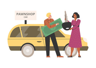 Female bring car key to Pawnshop, customers buy and sell second hand automobile and get cash vector illustration