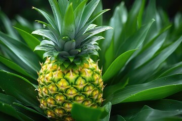 Pineapple Flowering Process in Botanical Surroundings, Ideal for Agricultural Material