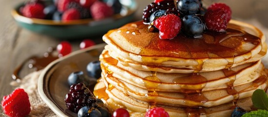 Pile of homemade pancakes topped with syrup and berries - obrazy, fototapety, plakaty