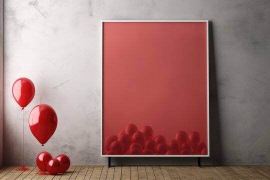 Red balloons and blank frame on concrete wall. Valentines day concept. 3D Rendering, Mock-up poster in an interior background with red balloons, AI Generated
