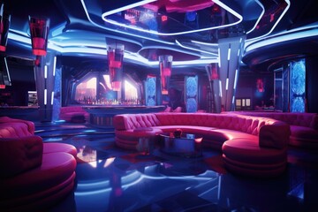 Futuristic night club interior. 3d rendering toned image, Night club interior, AI Generated