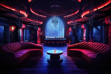 Plexiglas foto achterwand 3D rendering of the interior of a night club with red sofa, Night club interior, AI Generated © Ifti Digital