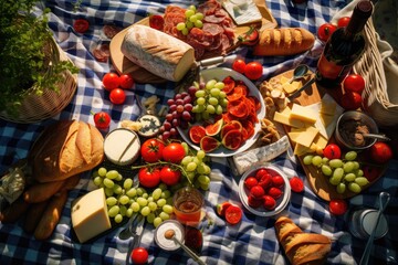 An overhead shot of a picnic blanket spread with delicious food on a sunny meadow