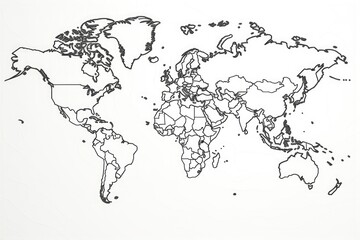 White paper world map on a white background. 3d rendering, Outlined map of the world in line art, black and white, AI Generated
