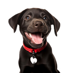 Brown chocolate labrador retriever young puppy dog wearing red collar with a blank heart-shaped ID tag.  Happy open mouth smiling facial expression. 