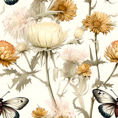 Vintage English botanical seamless background pattern with flowers in muted colors, dandelion,...
