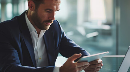 Fototapeta premium Focused man in a suit and tie, holding and looking intently at a tablet, sitting at a glass table in a modern office setting