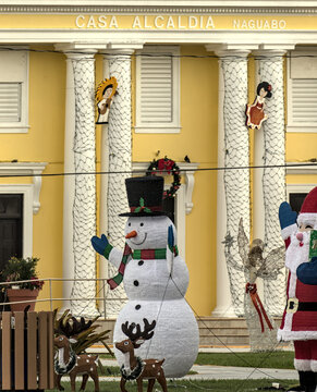 snowman holiday decoration in front of the mayor's residence (Casa Alcaldía) in Naguabo, Puerto rico